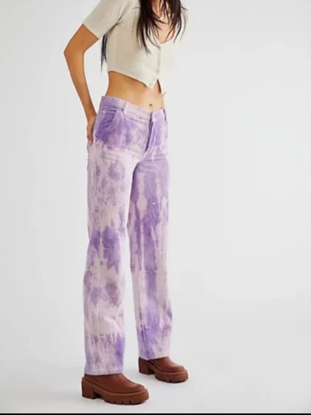 Free People We The Reese Wide Wale Corduroy Cords Pants Purple Tie Dye size 25
